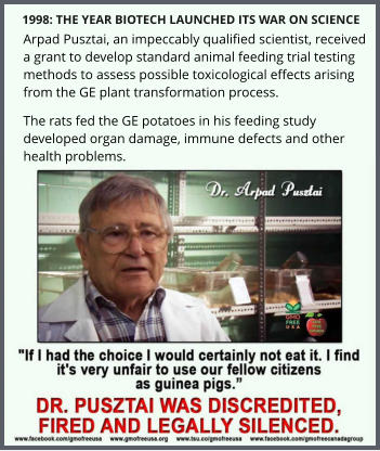 Arpad Pusztai, an impeccably qualified scientist, received a grant to develop standard animal feeding trial testing methods to assess possible toxicological effects arising from the GE plant transformation process. The rats fed the GE potatoes in his feeding study developed organ damage, immune defects and other health problems. 1998: THE YEAR BIOTECH LAUNCHED ITS WAR ON SCIENCE