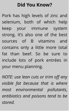 Did You Know? Pork has high levels of zinc and selenium, both of which help keep your immune system strong. It’s also one of the best sources of B vitamins and contains only a little more total fat than beef. So be sure to include lots of pork entrées in your menu planning. NOTE: use lean cuts or trim off any visible fat because that is where most environmental pollutants, antibiotics and poisons tend to be stored.