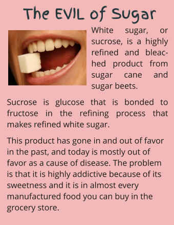 White sugar, or sucrose, is a highly refined and bleac-hed product from sugar cane and sugar beets. Sucrose is glucose that is bonded to fructose in the refining process that makes refined white sugar.  This product has gone in and out of favor in the past, and today is mostly out of favor as a cause of disease. The problem is that it is highly addictive because of its sweetness and it is in almost every manufactured food you can buy in the grocery store.      The EVIL of Sugar