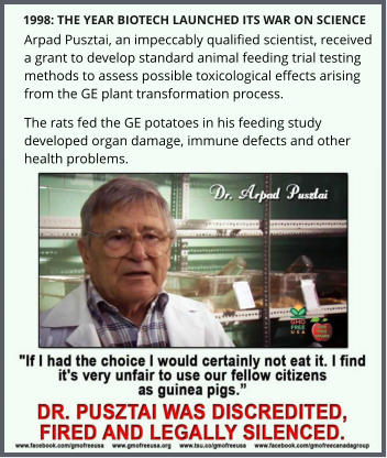 Arpad Pusztai, an impeccably qualified scientist, received a grant to develop standard animal feeding trial testing methods to assess possible toxicological effects arising from the GE plant transformation process. The rats fed the GE potatoes in his feeding study developed organ damage, immune defects and other health problems. 1998: THE YEAR BIOTECH LAUNCHED ITS WAR ON SCIENCE