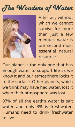 After air, without which we cannot survive for more than just a few minutes, water is our second most essential natural resource.  Our planet is the only one that has enough water to support life as we know it and our atmosphere locks it to the surface. Other planets, which we think may have had water, lost it when their atmosphere was lost. 97% of all the earths water is salt water and only 3% is freshwater. Humans need to drink freshwater to live.     The Wonders of Water